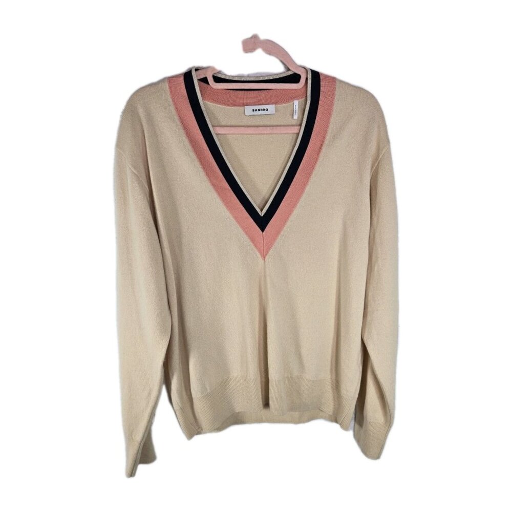Sandro Viken Wool Cashmere V neck trim sweater womens - Picture 6 of 12